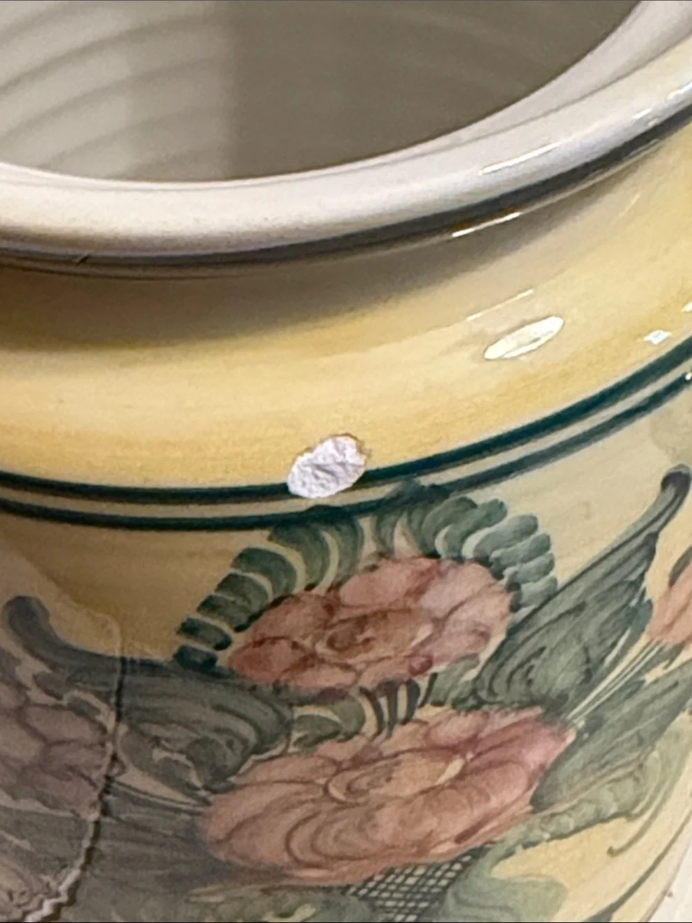 Pretty yellow and green cannister with lid.  Pottery from Greece.   AS IS!